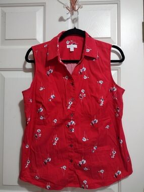 Charter Club Red Sleeveless Button-Down Top with Floral Print Size 10